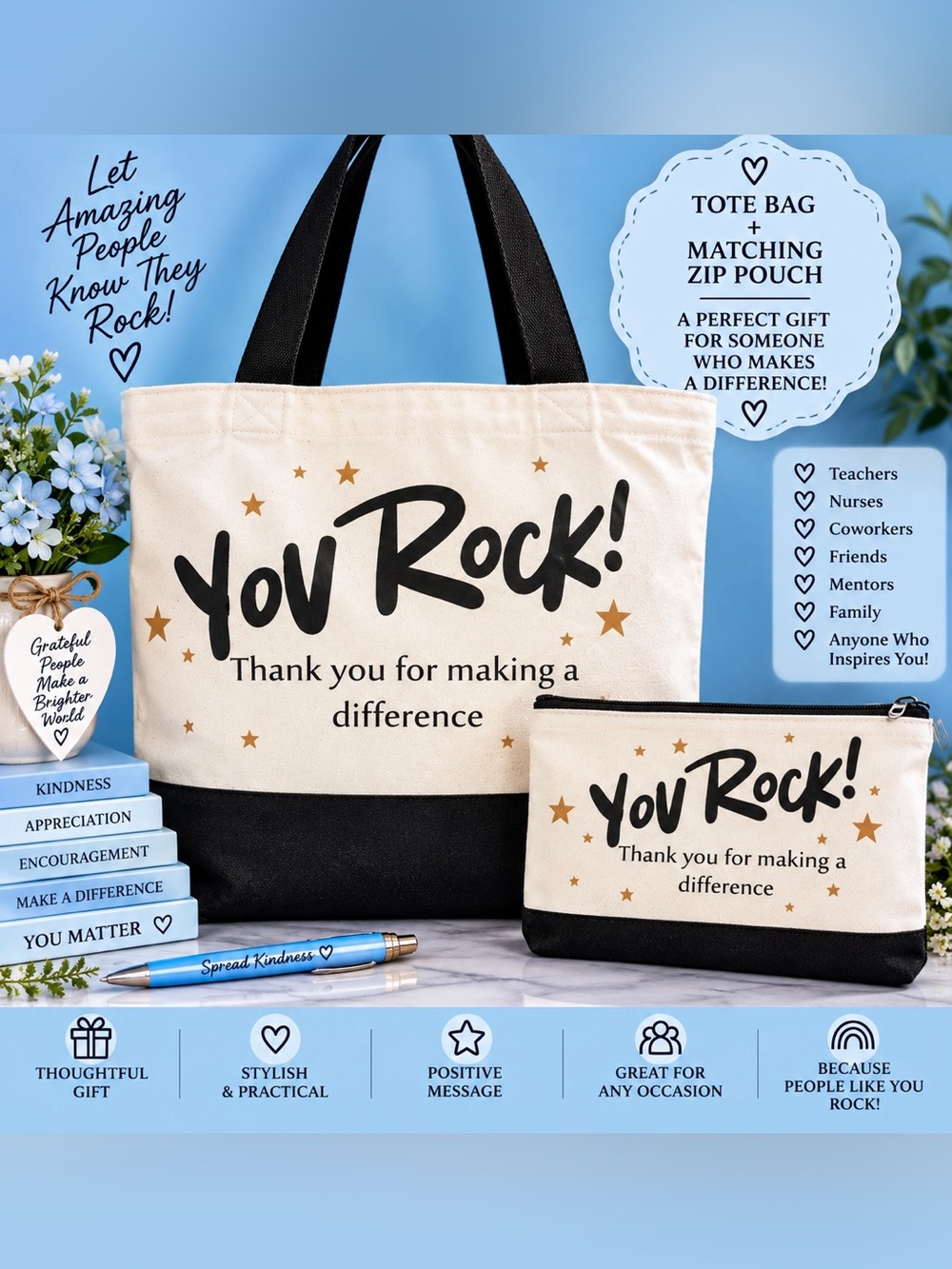 You Rock! Canvas Tote & Zip Pouch – Black and Cream